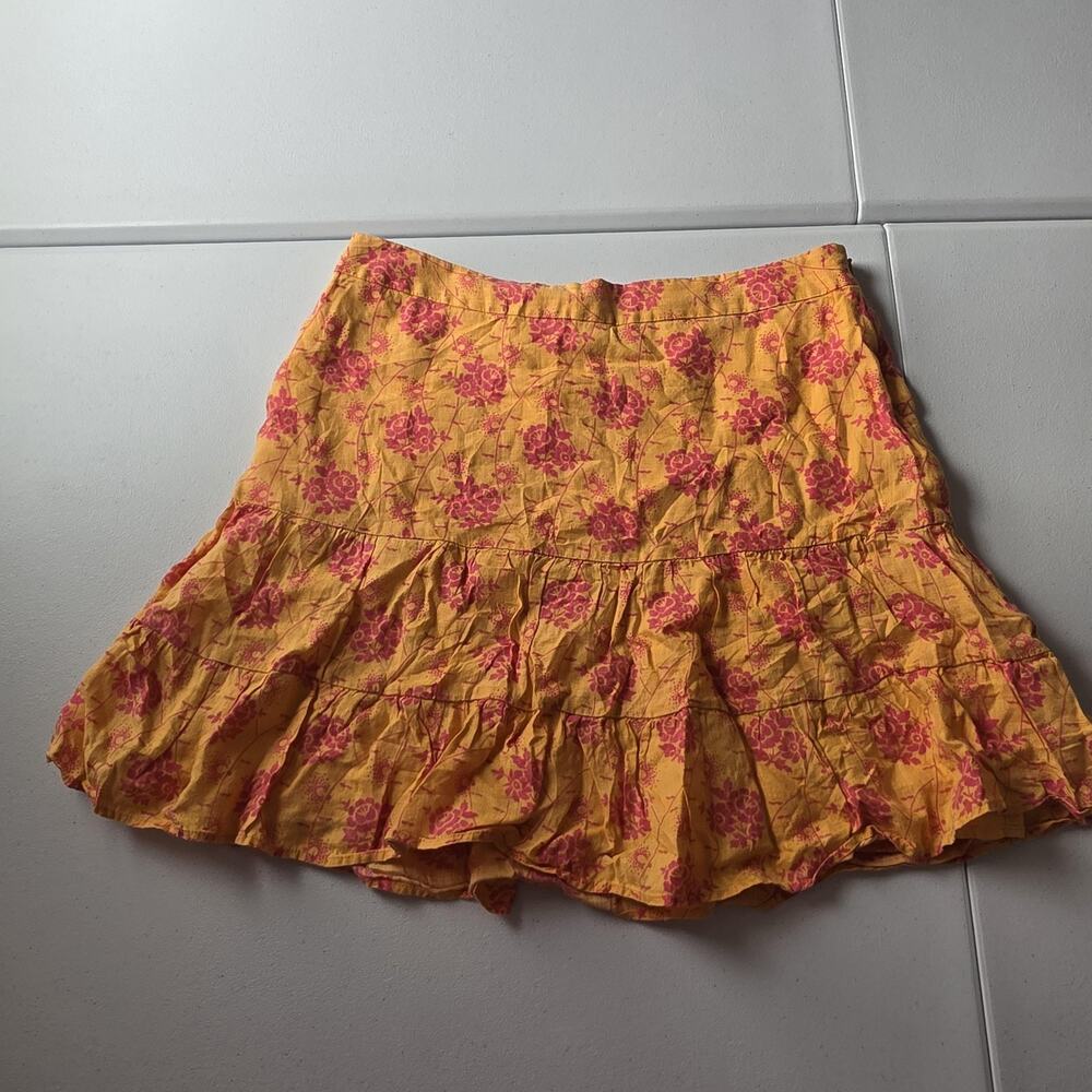 Y2K Gap Skirt Womens 10 Yellow Floral Linen Ruffle Hem Short Lined Summer Boho